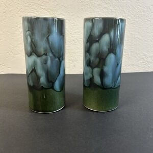 VTG set of 2 Dryden Arkansas Pottery Blue Drip Glaze Cylinder Tumblers Handmade